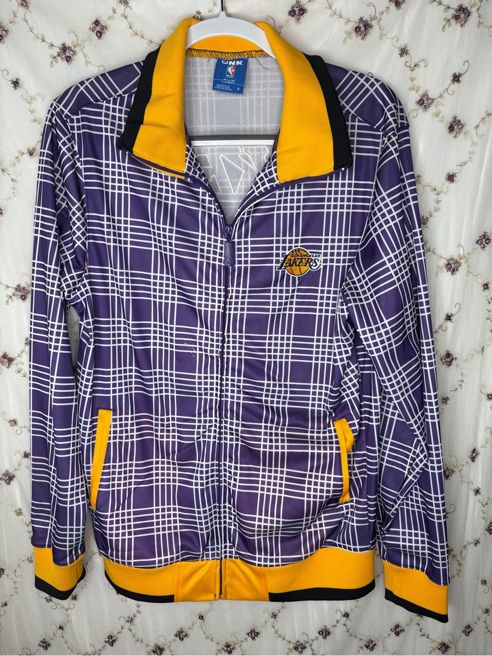 Unk Purple Plaid Varsity Jacket with Yellow Trim